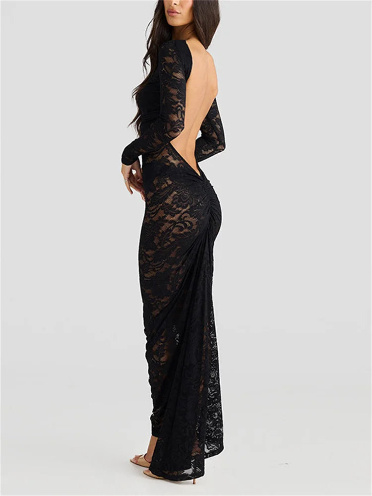 White Lace Backless Long Dress for See-through High Waist Printed Slim Hollow Out Dress ’s Party Dress