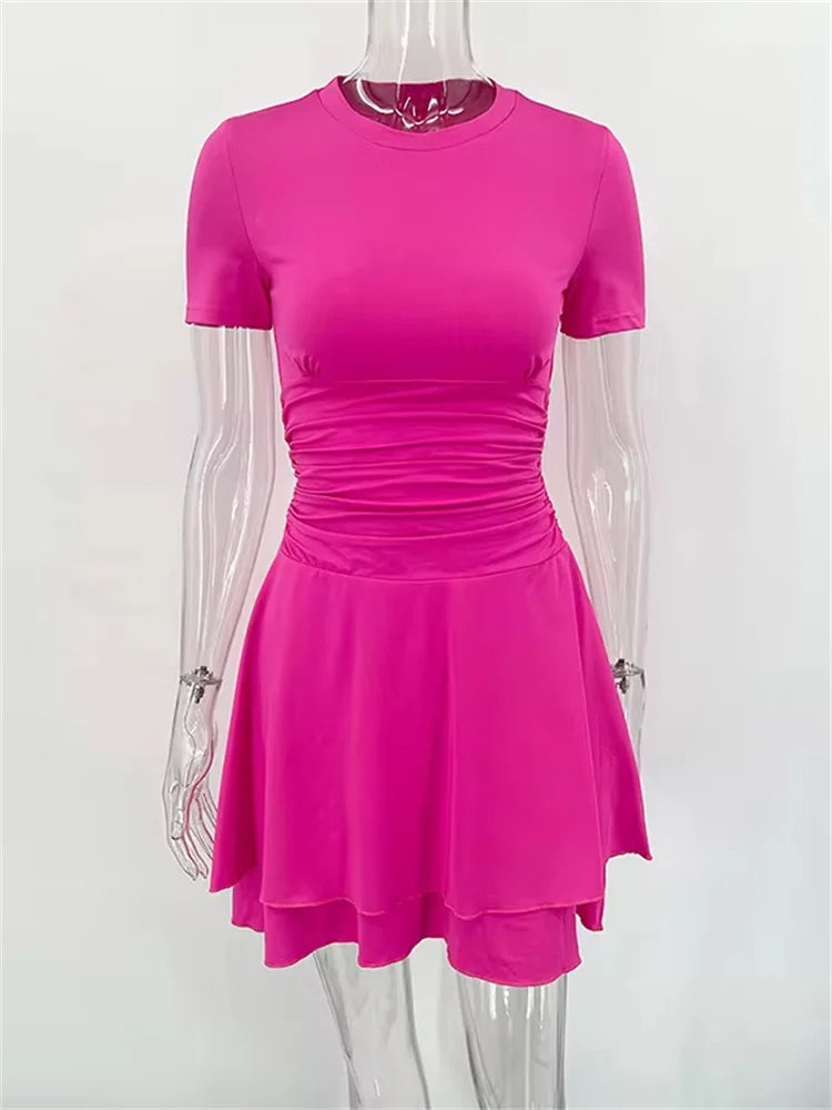 Folds Ruffled Mini Dress for Summer New Color Short Sleeves Female Clubs Party Slim Fit Dress