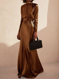 Long Sleeves Loose Pleated Shiny Color Split-joint Tied Waist High Neck Evening Dresses Maxi Dresses