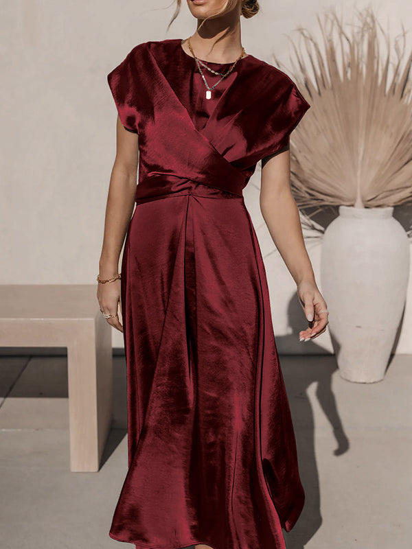 Loose Short Sleeves Color Split-joint Tied Waist Round-neck Midi Dresses