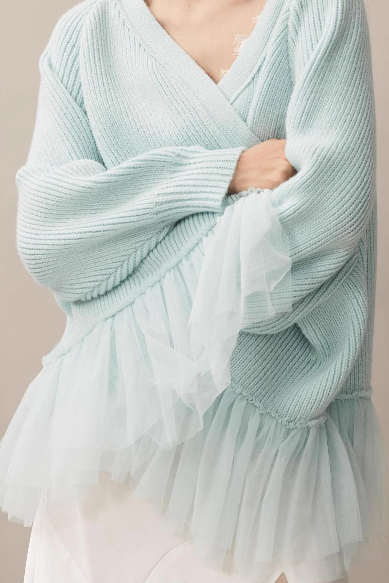 Ruffled Tulle Knit Long-sleeve Cardigan