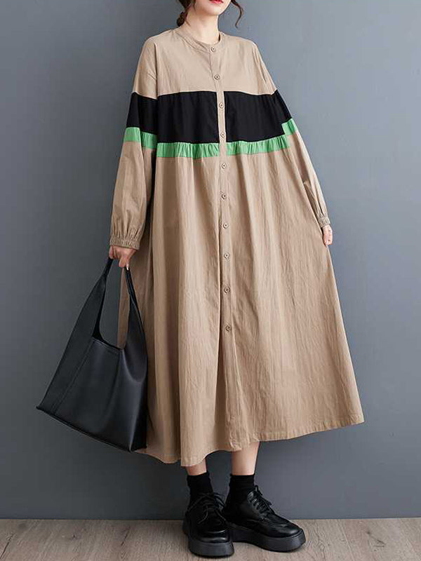 Long Sleeves Loose Buttoned Contrast Color Elasticity Split-joint Round-neck Midi Dresses