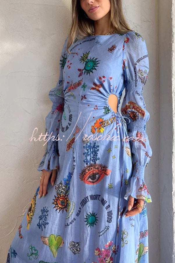 Special Holiday Linen Blend Unique Print Cut Out Puff Sleeve Lightweight Midi Dress