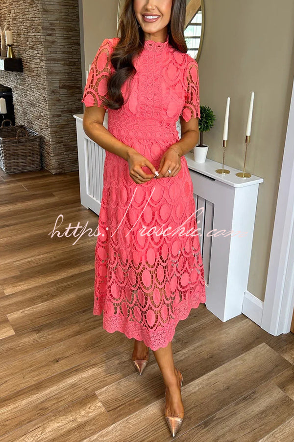 Crocheted Cutout Lace Short-sleeved Stand-collar Midi Dress