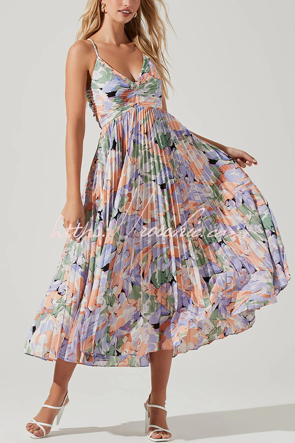 Wedding Party Season Print Pleated Back Tie-up Midi Dress