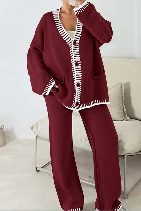 Knitted Long Sleeve Pocket Cardigan and Elastic Waist Loose Wide Leg Pants Set