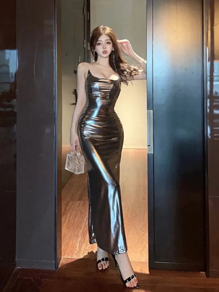 Shiny Maxi Dress Silver Spaghetti Strap High Split Wrap Chest Slim Bodycon Robe Evening Party Club Long Vestidos
