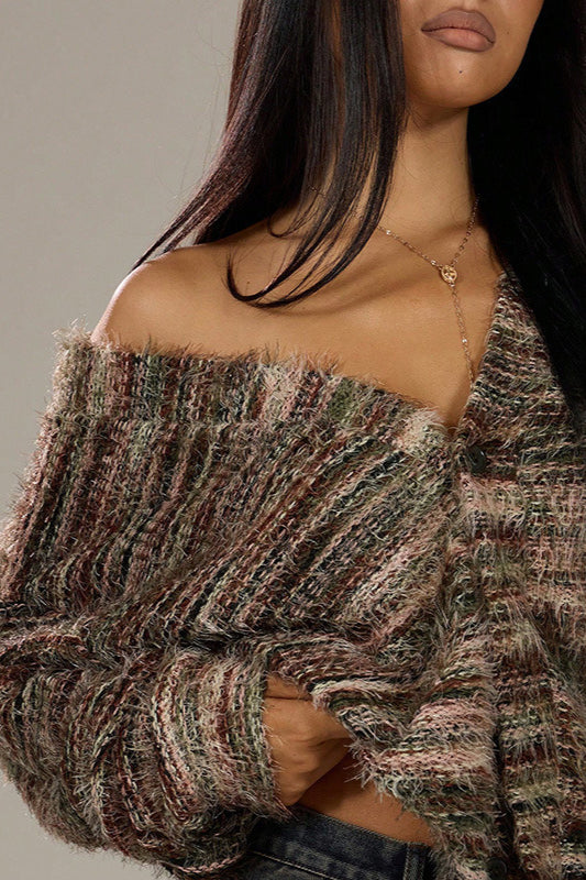 Colorful Striped V Neck Loose Knit Cardigan