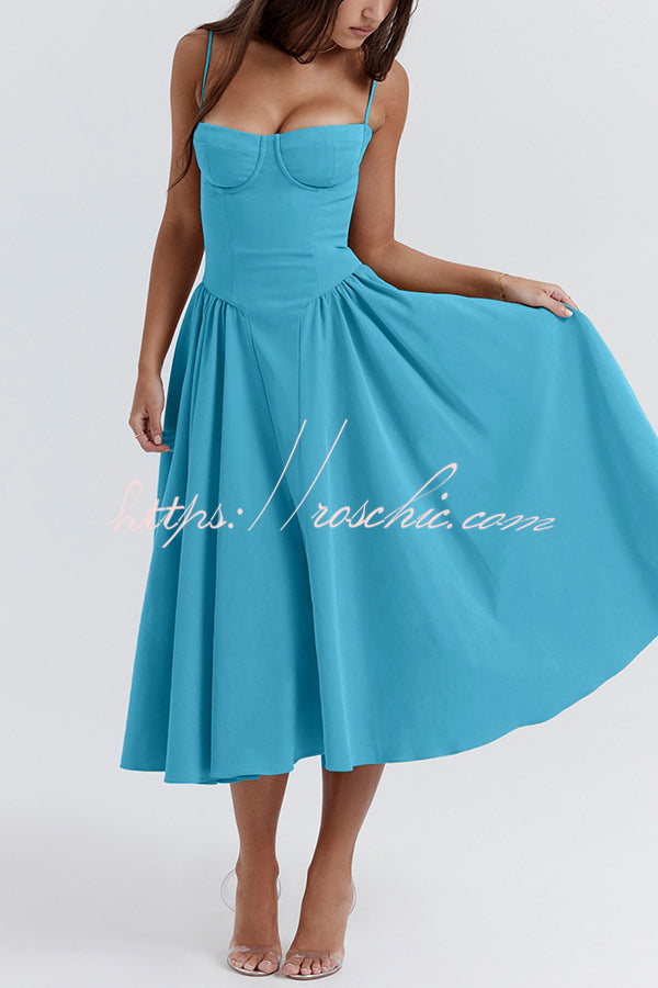Color Slim Fit Suspender Pocket Midi Dress