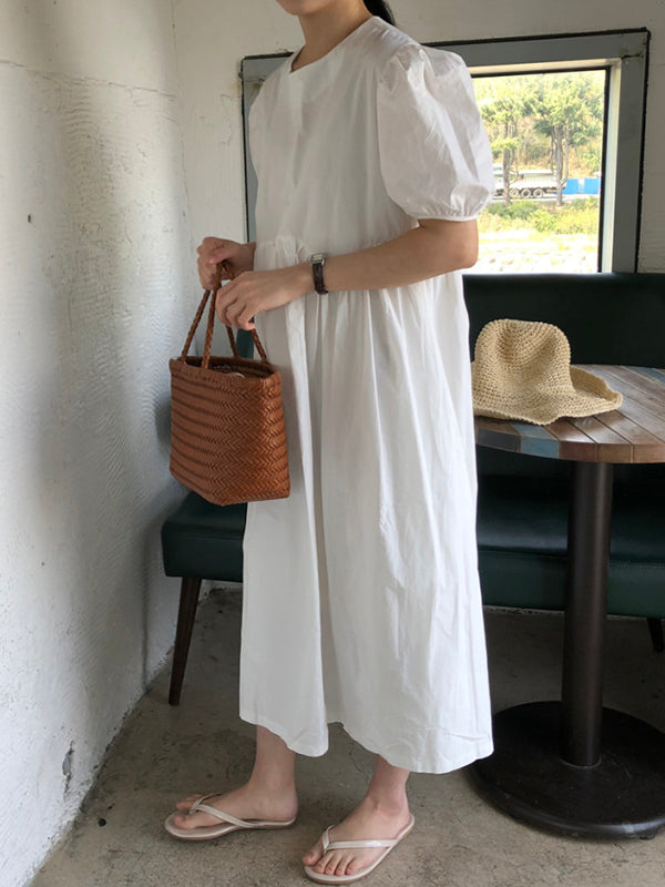 Original Loose Color Pleated Puff Sleeves Midi Dress