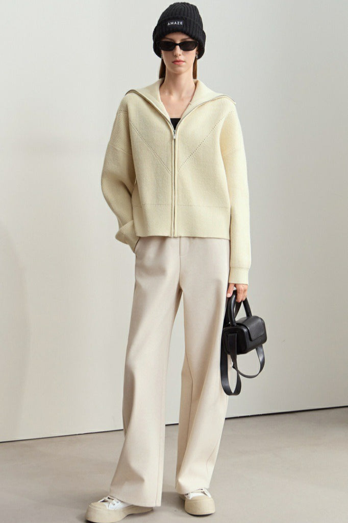 Naval-collar Zip Lazy-style Thick Knit Cardigan