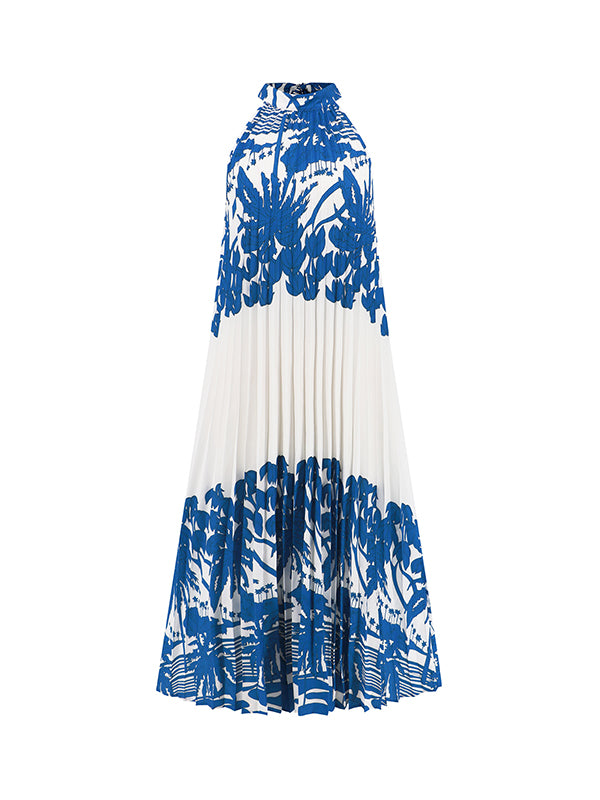 A-line Loose Hollow Pleated Printed Tied Mock Neck Midi Dresses