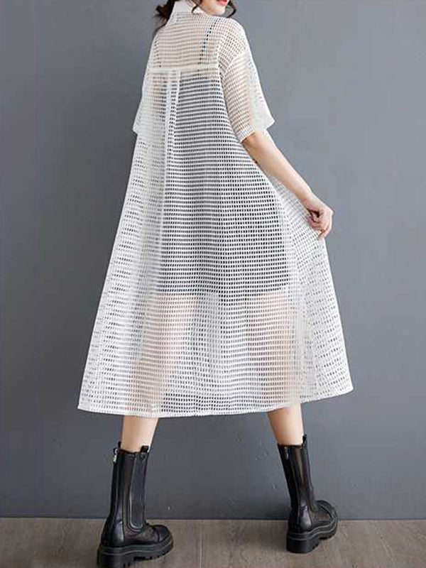 Half Sleeves Loose Hollow Color Split-joint Zipper Lapel Midi Dresses Shirt Dress