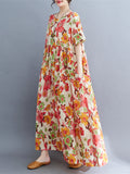 Loose Short Sleeves Pleated Printed Split-joint Round-neck Midi Dresses