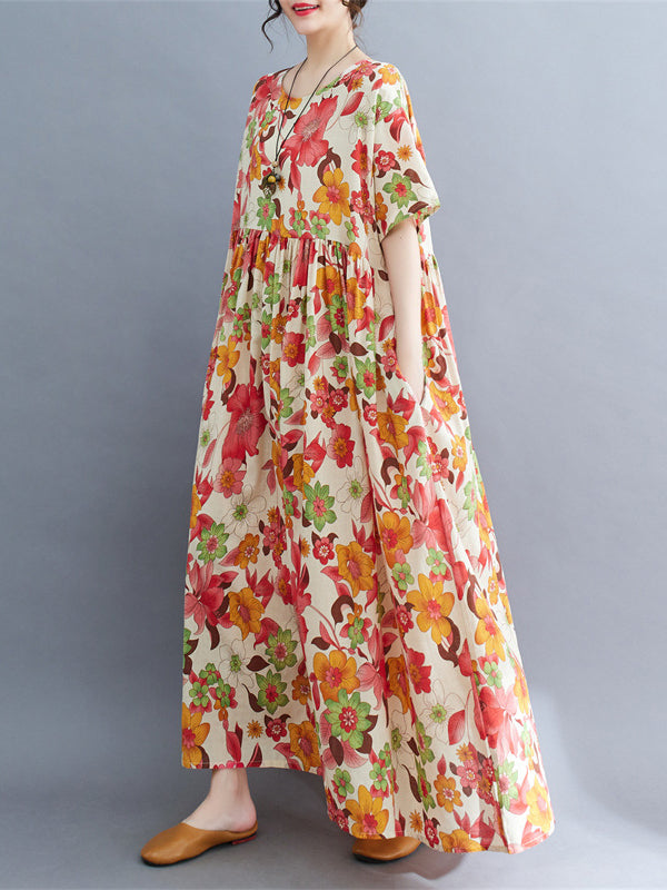 Loose Short Sleeves Pleated Printed Split-joint Round-neck Midi Dresses