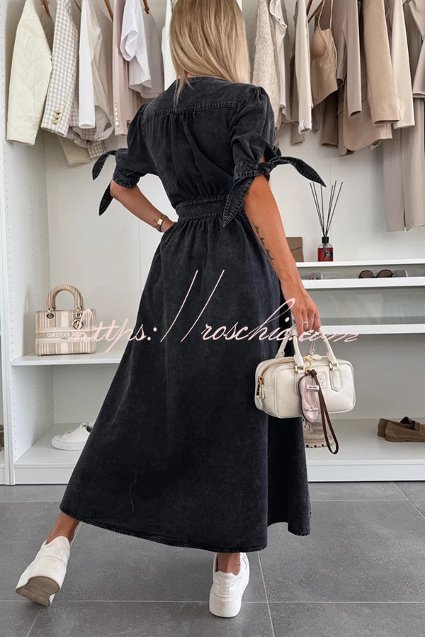 Color V-neck Button-down Denim Midi Dress