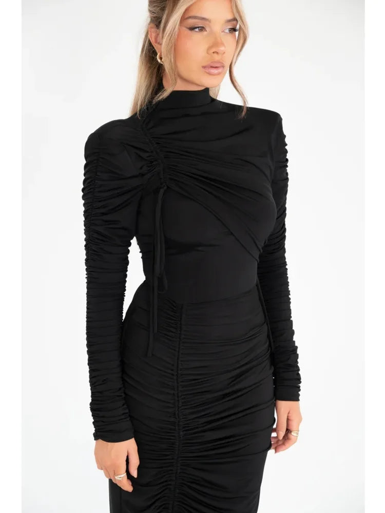 Long Sleeved Elastic Tight Pleated Maxi Dress Slim Party Club Evening Dress Autumn Winter New Vestido