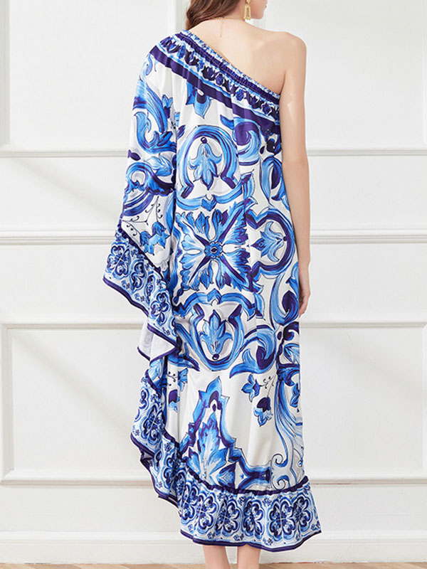 Batwing Sleeves Loose Asymmetric Falbala Printed One-shoulder Midi Dresses
