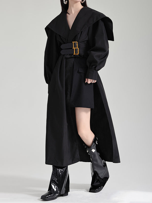 High Waisted Long Sleeves Asymmetric Belted Pleated Color Lapel Midi Dresses