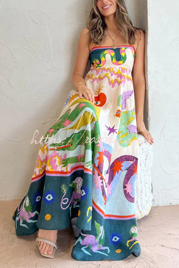 Feel Effortlessly Linen Blend Unique Print Smocked Back Pocketed Midi Dress