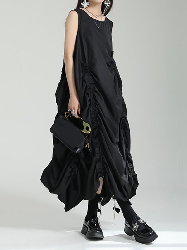 Irregular Clipping Loose Color Round-neck Midi Dresses