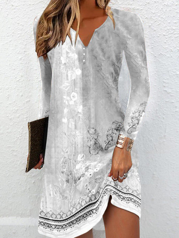 Long Sleeves Loose Printed V-neck Mini Dresses