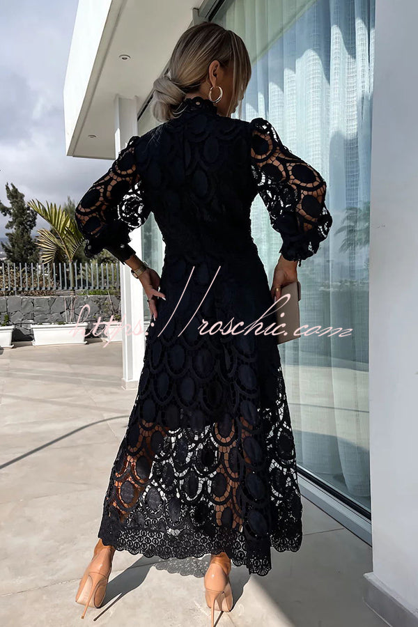 Romantic, Sensual and Crochet Lace Lantern Sleeve Party Midi Dress