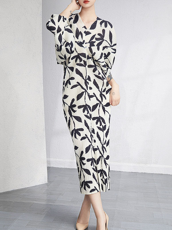 Urban Loose Batwing Sleeves Printed Pleated V-neck Midi Dresses