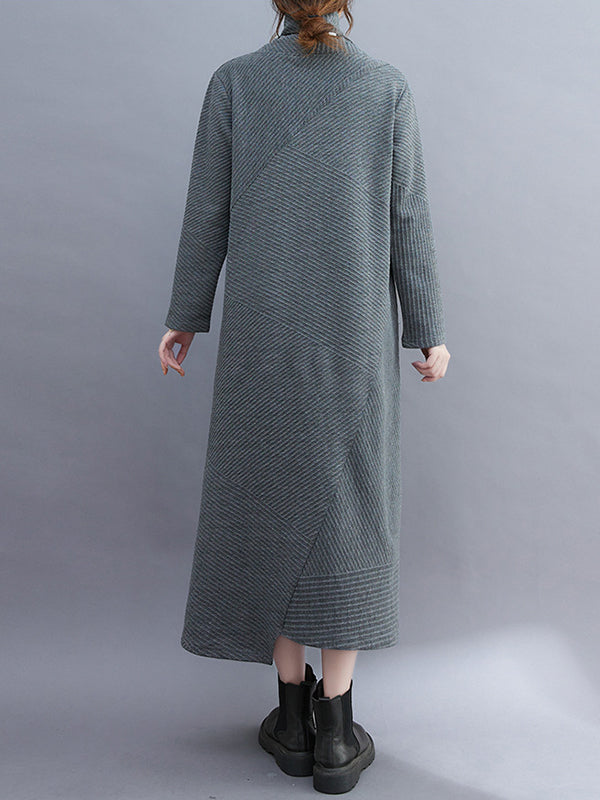 Irregularity Long Sleeves Color High-neck Midi Dresses