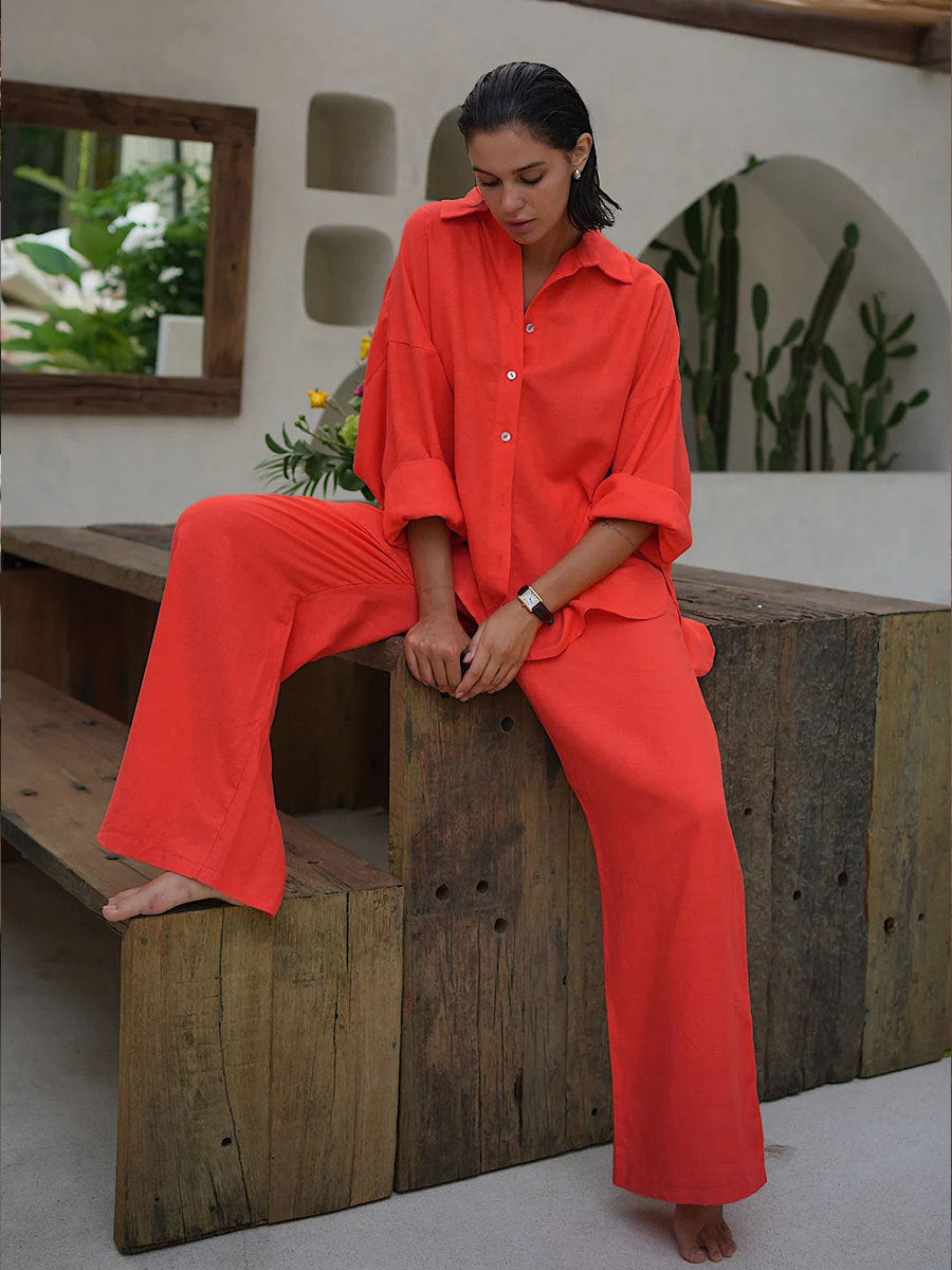 Cotton and Linen Shirt Drawstring Wide-leg Pants Set