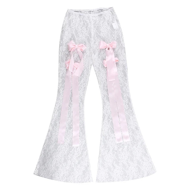 Bow Splice Lace Pants Sheer Slim High Waist Bottoms Hot Beach Party Club See Through Pant