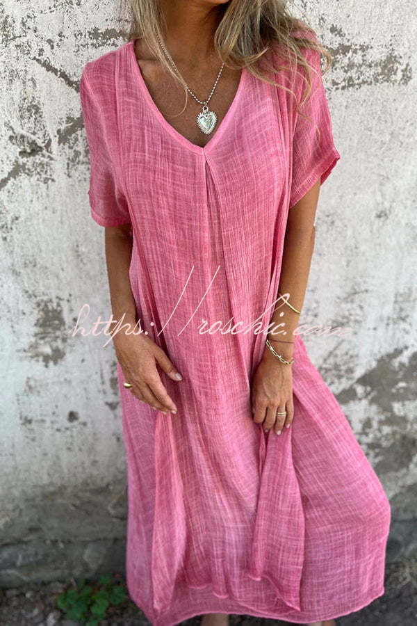 Bayside Bliss Linen Blend Short Sleeve Pleated Loose Midi Dress