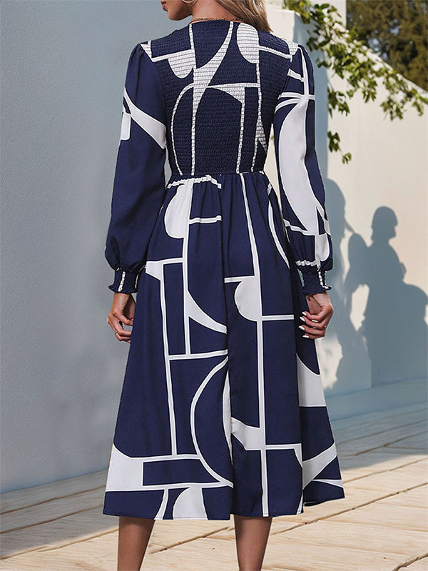 A-line High Waisted Elasticity Printed Split-joint Round-neck Midi Dresses