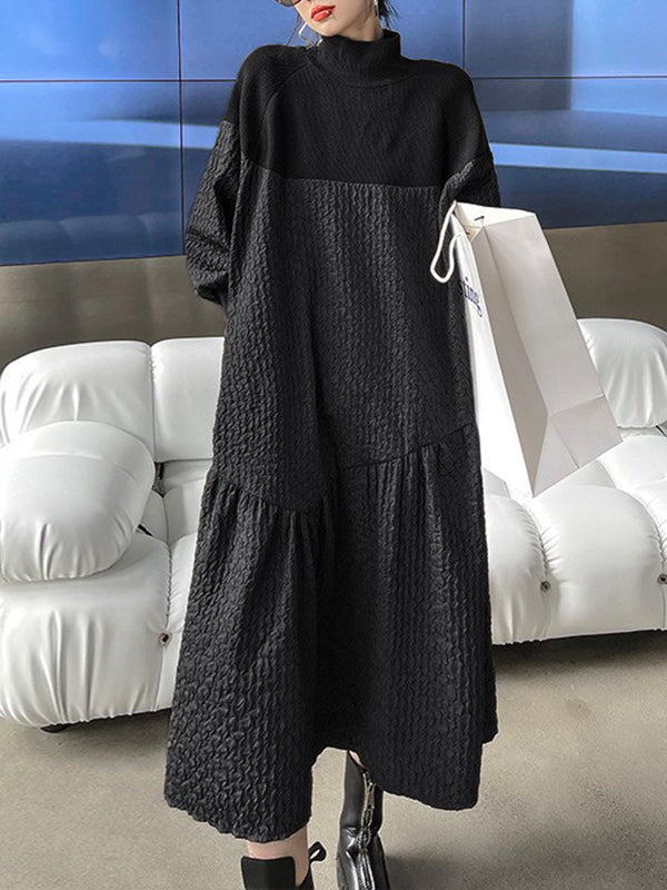 A-line Long Sleeves Asymmetric Color Split-joint High-neck Midi Dresses Sweater Dresses