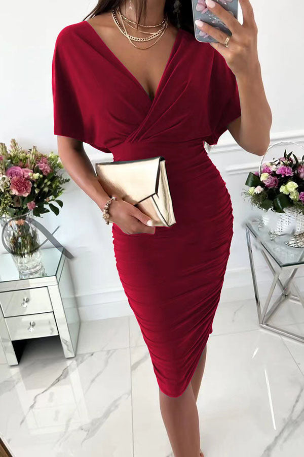 Day Batwing Sleeve Ruched Midi Dress