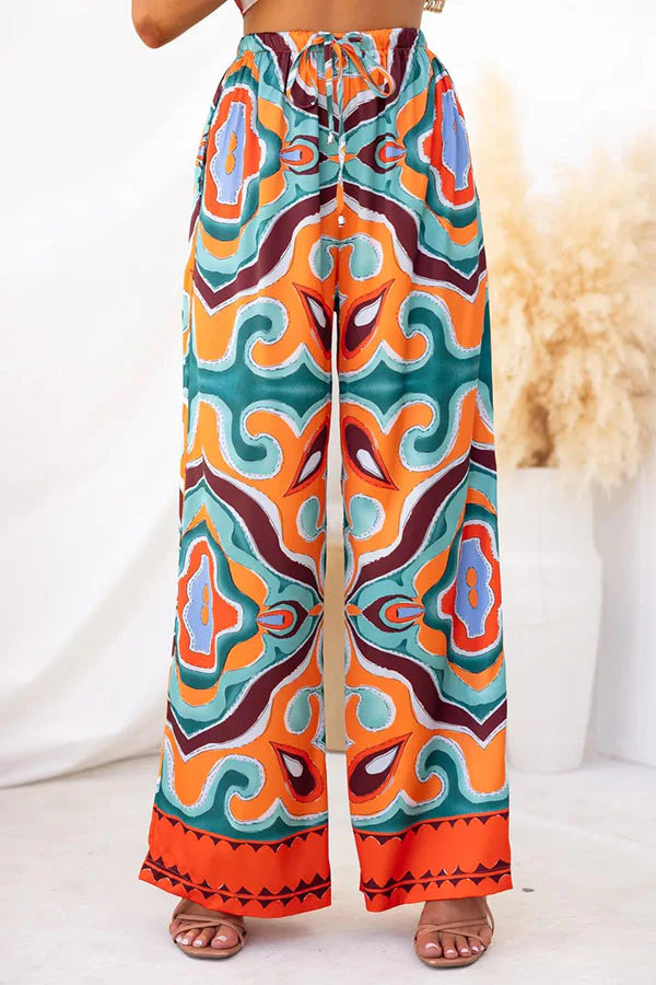 Oh So Satin Abstract Print Satin Elastic Waist Pocketed Wide Leg Pants