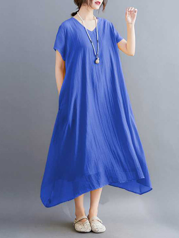 A-line Loose Color V-neck Midi Dresses