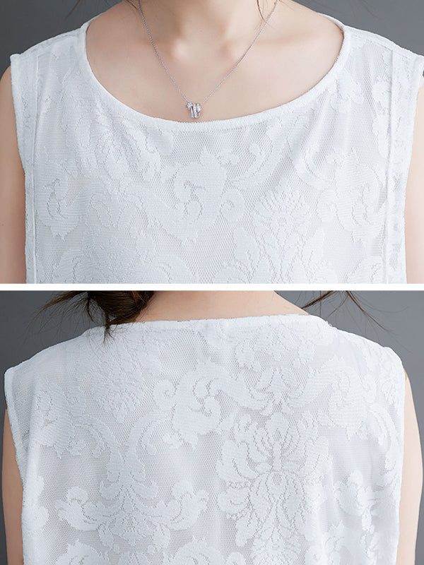 A-line Loose Lacy See-through Color Split-side Round-neck Midi Dresses