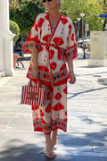 Pop of Red Print Belted Kimono and Elastic Waist Pocket Cropped Pants Set