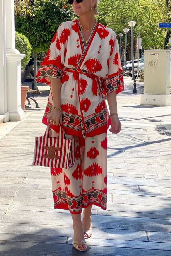 Pop of Red Print Belted Kimono and Elastic Waist Pocket Cropped Pants Set