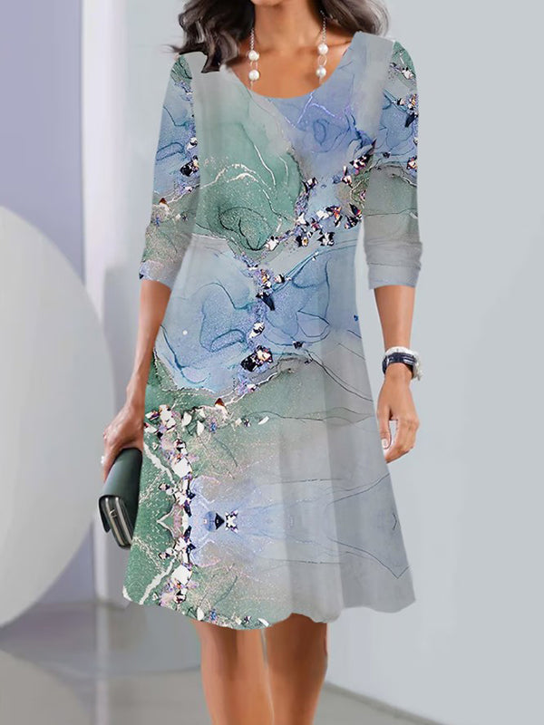 Long Sleeves Flower Print Multi-colored Printed Round-neck Midi Dresses
