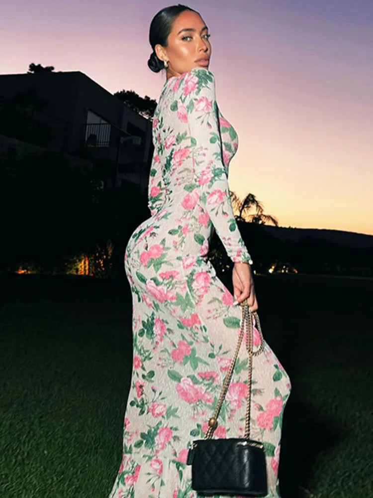 Bodycon Long Sleeve Half High Collar Print Zipper Maxi Dress Slim High Waist Dress Outfits