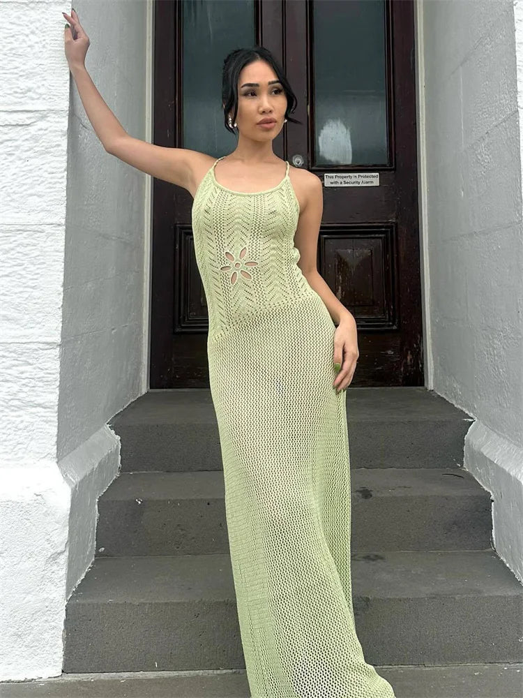 Summer Knit Bandage Maxi Dress Female Hollow Out See-through Printed High Waist Backless Beach Holiday Long Dress