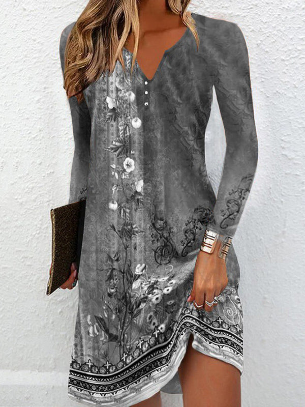 Long Sleeves Loose Printed V-neck Mini Dresses