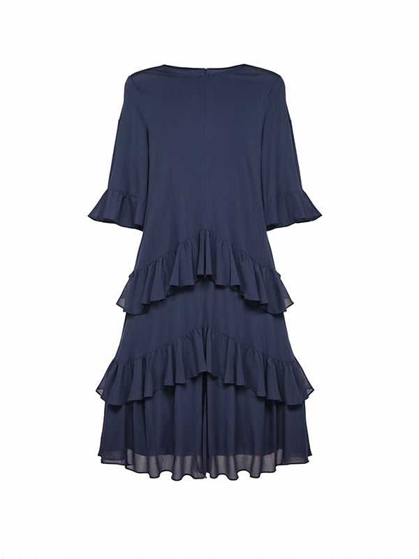 Half Sleeves Loose Layered Ruffle Trim Color Zipper Round-neck Midi Dresses