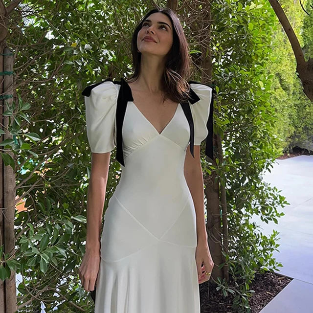 Trauxy Bow Lace Up Maxi Dress for Puff Sleeveless Plunge V Neck Beach Vacation Dress Splice Outfits Summer
