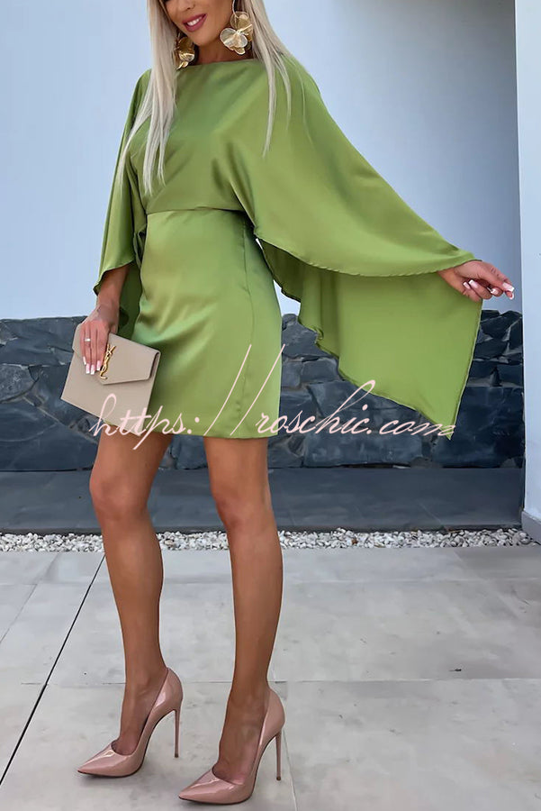 Wings Satin Butterfly Sleeves Elastic Waist Formal Mini Dress