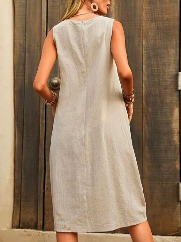 Loose Sleeveless Pleated Color Split-joint Round-neck Midi Dresses