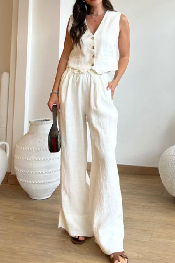 Color Cotton Linen Vest & Lace-up Pants Two-piece Set