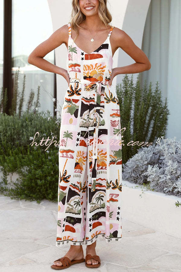 Unique Beach Vacation Print V-neck Suspenders Wide-leg Jumpsuit